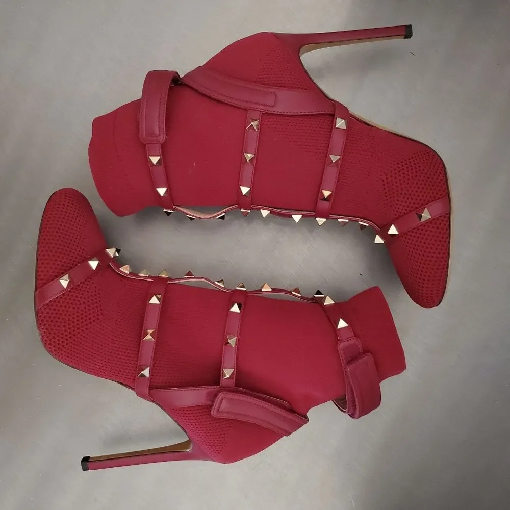 VALENTINO GARAVANI Knit Rockstud Bodytech Calfskin Sock Boot Heel Burgundy 39.5 - Picture 3 of 11